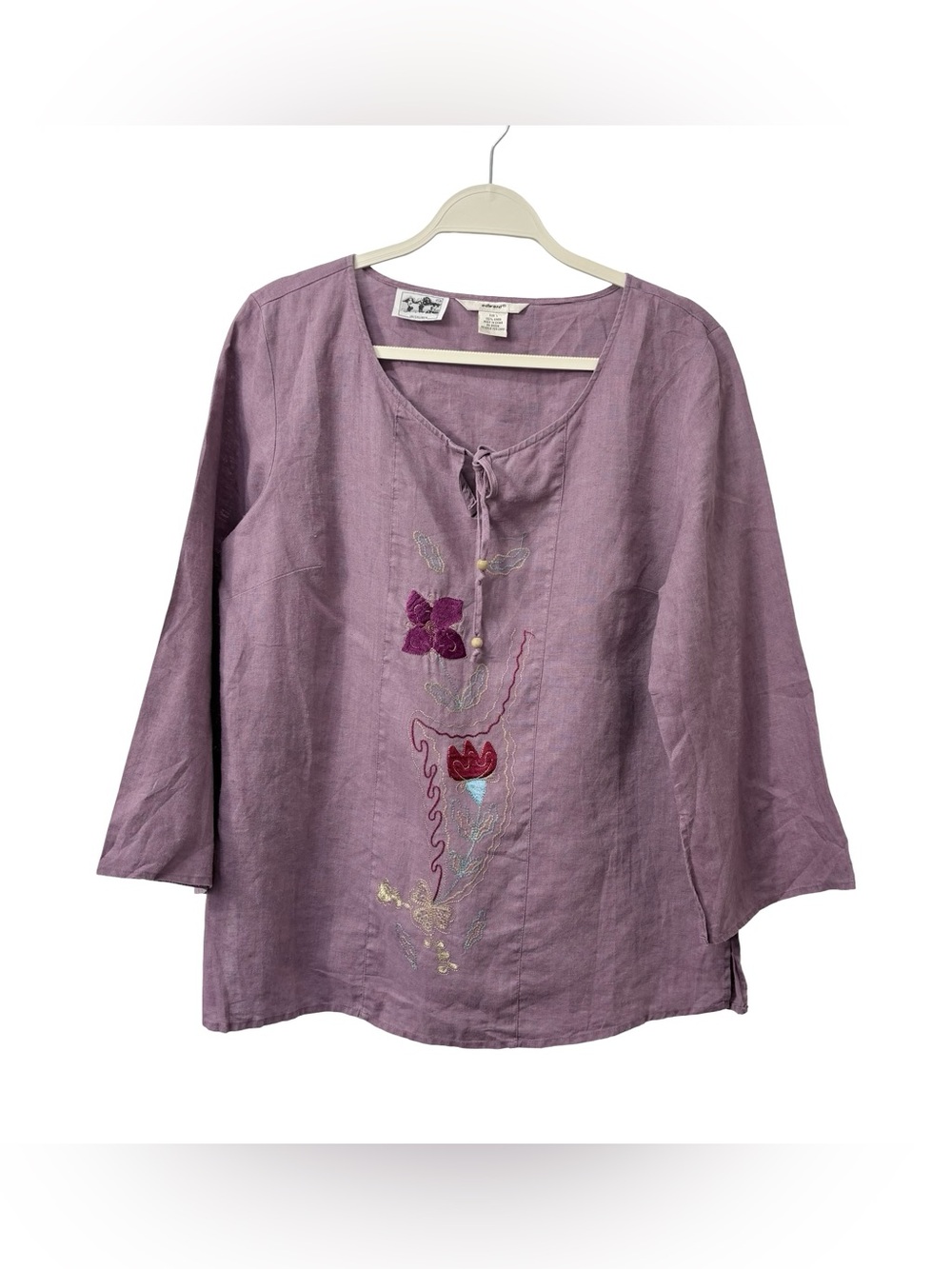 Edward Mauve purple floral linen blouse 1/4 length split neck tassel ties Large